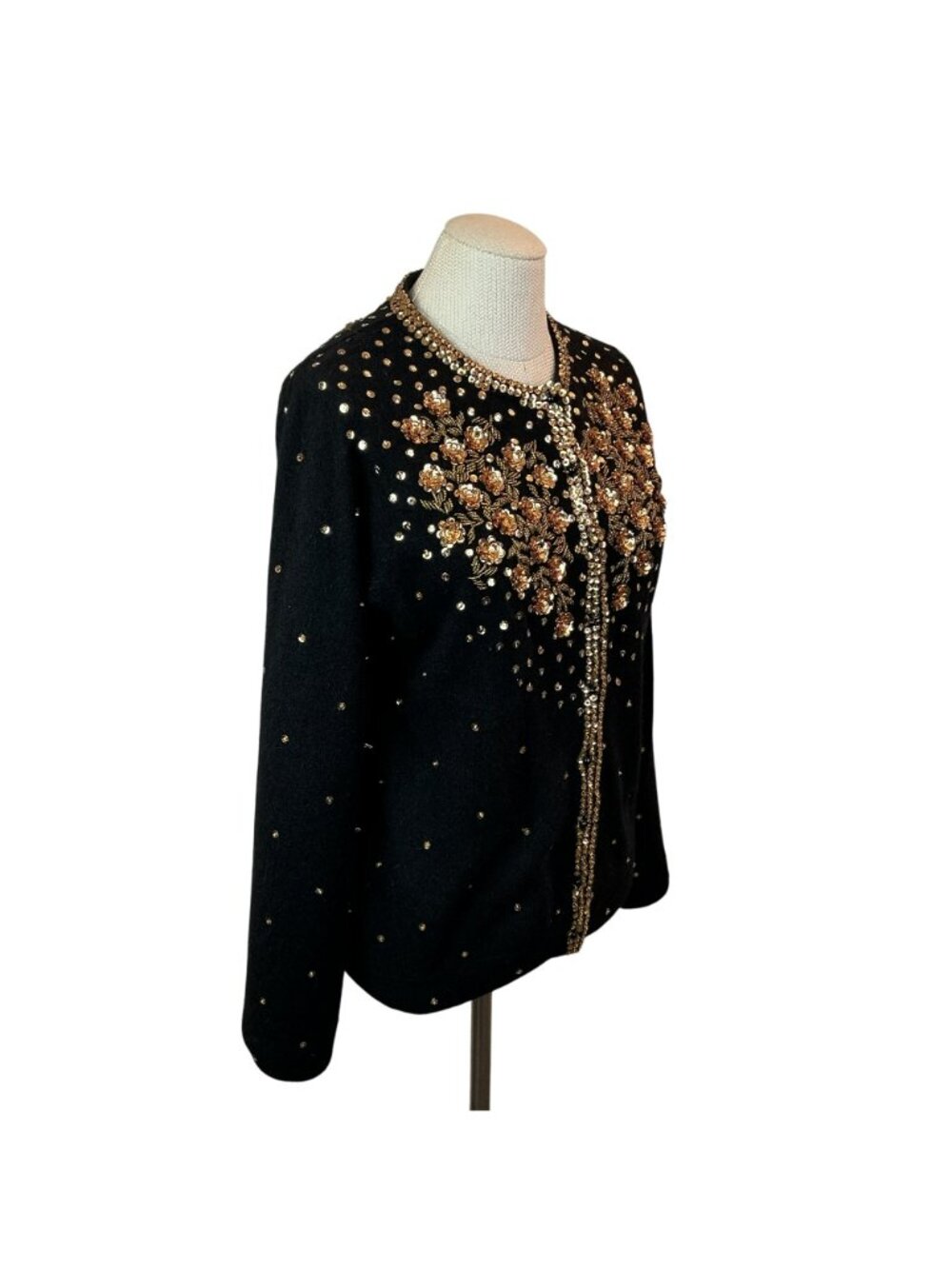 Vintage Black Cardigan Beaded With Gold Floral Embellishments & Sequins 48 - Picture 8 of 10